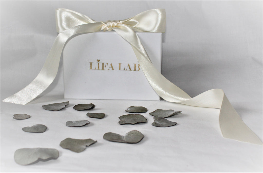 A standing LIFA LAB GIFT CARD BOX with pearl colour ribbon bow on top of the box with gold writing and laid green leaves of eucalyptus tree
